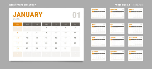 Set of 12 Pages Monthly Calendar Planner Templates on 2025 year. Vector mockup of a wall or desktop calendar with the week start on Sunday for print in grey and red color. Pages size Letter -8.5x11 in