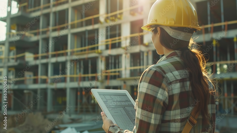 Poster Construction woman tablet or architect blueprint with engineer planning documents or research on web for innovation idea Design engineering or tech for creative strategy in constructio : Generative AI