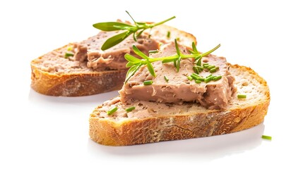 Meat Paste Toast Bread Isolated Tuna Pate Sandwiches Terrine Toasts Chopped Liver Mousse on Bread Fish Paste Canape on White Background : Generative AI