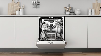 Open builtin dishwasher machine with clean cutlery dishes plates in white modern kitchen front view : Generative AI