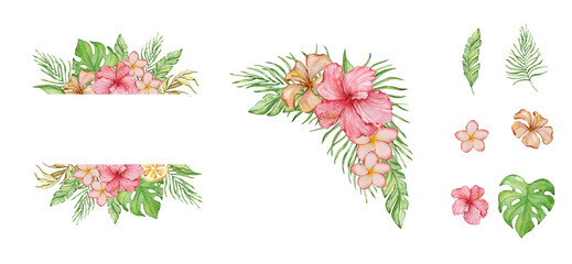Watercolor tropical frame with flowers and leaves set