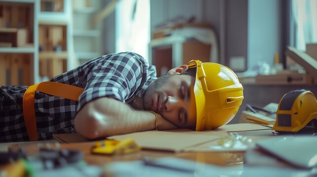 tired engineer construction builder man nap architect worker feeling exhausted sleep down for hardworking in working desk : Generative AI