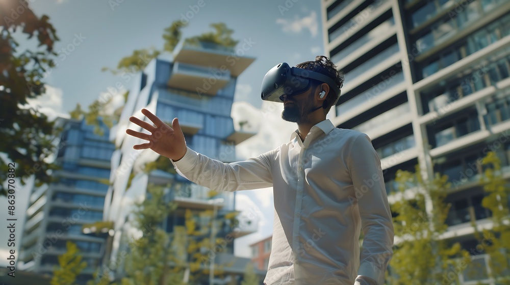 Poster Male architect uses VR headset and wireless controllers presents modern hitech building and park architectural project in virtual reality to colleagues 3D hologram Future digital AI te : Generative AI