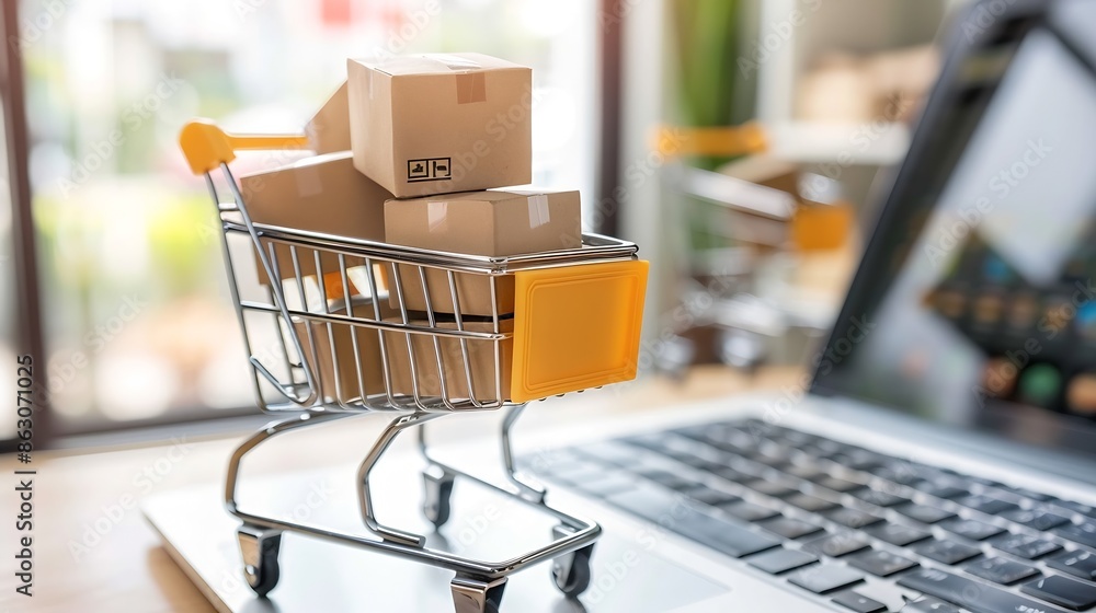 Poster Online shopping home delivery Brown paper boxes in a shopping cart with laptop keyboard on table office Easy shopping with finger tips for consumers ecommerce and customer experience c : Generative AI