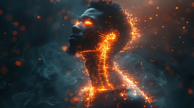 Man experiencing spinal nerve root avulsion glowing depiction of torn spinal nerve causing severe pain