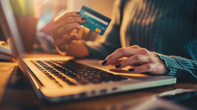 Online payment Internet banking Business woman hand typing personal data cvv code on laptop from credit card for cashless money transfer purchase : Generative AI