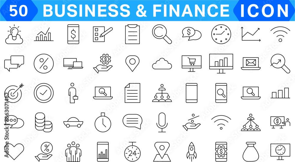 Poster business and finance web icon set - minimal thin line web icon set. outline icons collection. simple