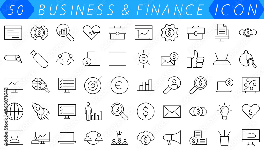 Poster business and finance web icon set - minimal thin line web icon set. outline icons collection. simple