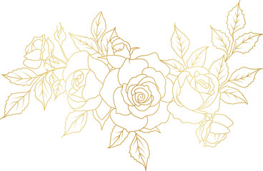 Luxury Rose flowers gold line art illustration