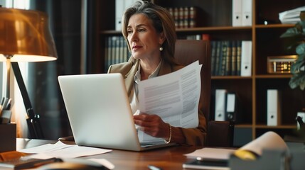 Busy mid aged business woman working in office with laptop reading document Mature professional female manager lawyer attorney holding paper finance report sitting at desk in office Co : Generative AI