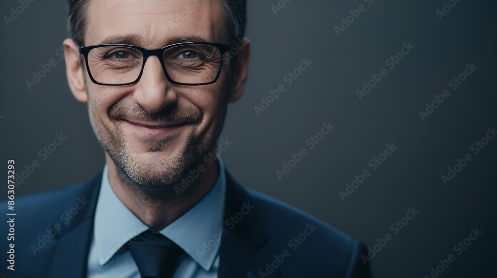 Poster close up portrait of a cheerful man in glasses and dark blue suit isolated on grey background : gene
