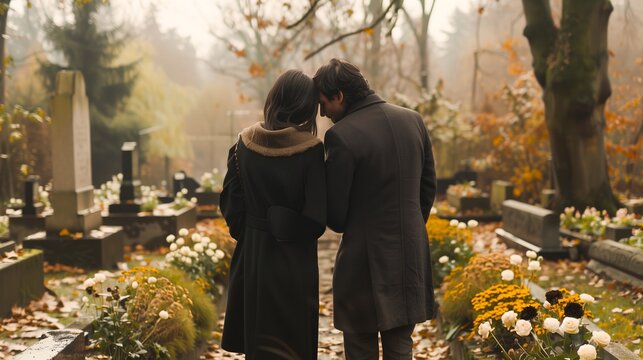 Man and woman with backs to camera, standing before a grave in an autumnal cemetery adorned with flowers, their paths diverging.