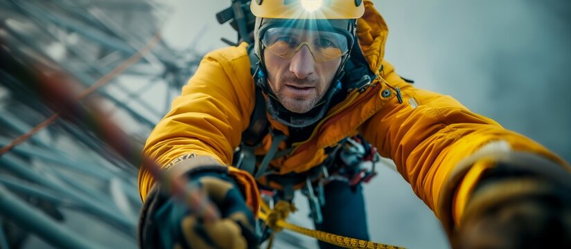 Close-up of a determined abseiler in his mid-30s, clad in yellow climbing gear and safety glasses, rappelling upwards inside a towering building.