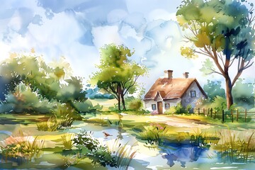 Watercolor Painting of Idyllic Countryside Cottage, Serene Landscape Art Print