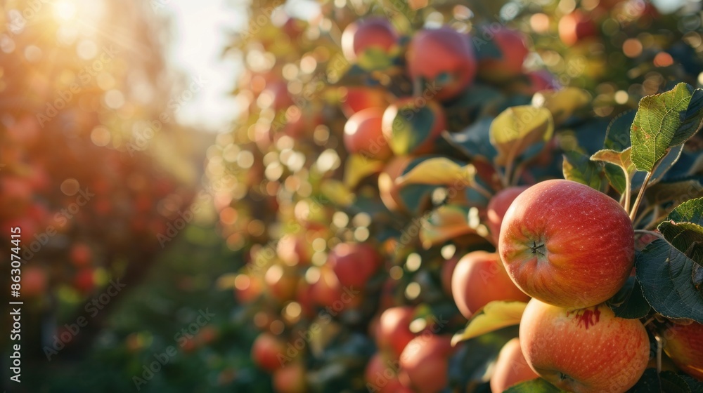 Poster a row of apples hanging from a tree