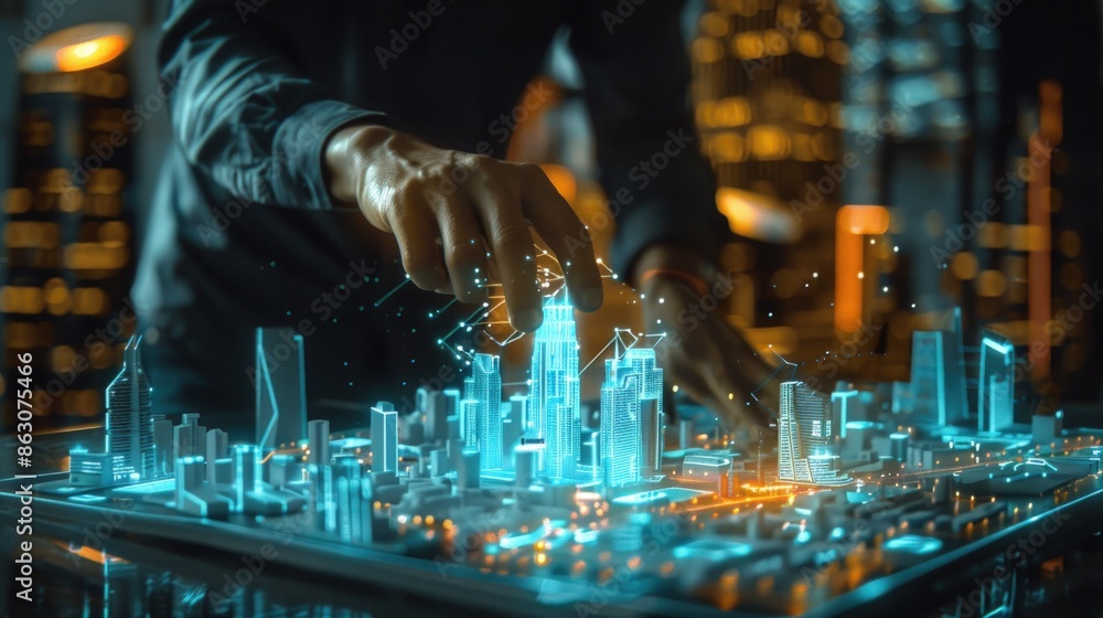 Poster a man is pointing at a city on a computer screen. generate ai image