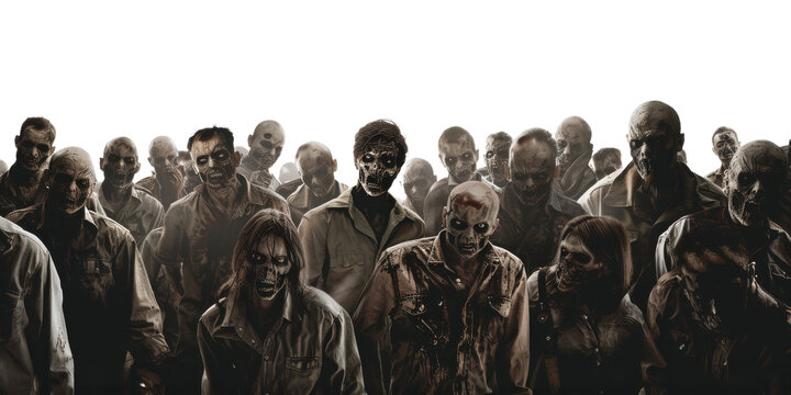 Crowd Of Eerie Undead Zombies. Horror And Scary Concept. Creepy Horde Of Zombies on Isolated Background