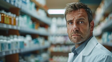 Pharmacist examining a bottle in a pharmacy aisle