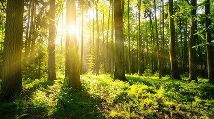 Beautiful sunny morning in green forest : Generative AI