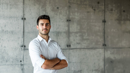 Portrait of a Male Architect in White Shirt Against Gray Background with copy space for text