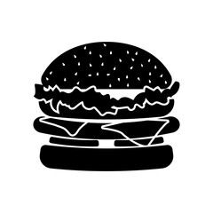 Illustration showing a black burger icon on a white background. Fast food