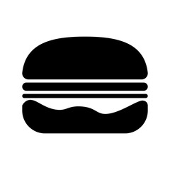 Illustration showing a black burger icon on a white background. Fast food