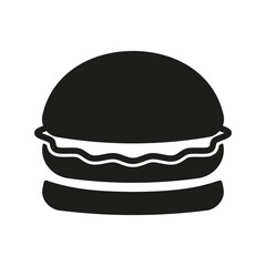 Illustration showing a black burger icon on a white background. Fast food