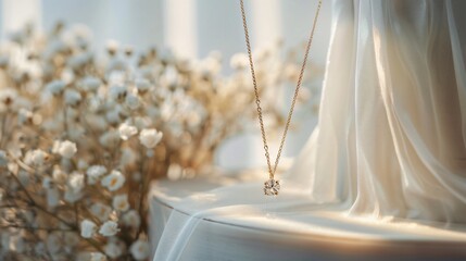 A delicate gold necklace with a single tiny diamond pendant, elegantly displayed on a white marble background with soft lighting
