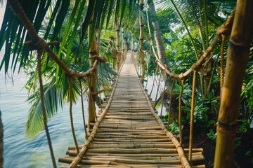 Bamboo bridge to remote island. Tropical landscape  ecotourism adventure.