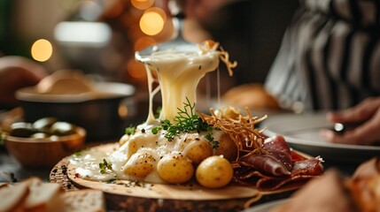 Close up shot of a raclette setup, with melted cheese being scraped onto a plate of boiled potatoes, pickles, and cured meats