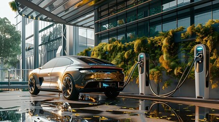 Innovative electric car connected to charging station with future architecture building background Technological advancement rechargeable EV car using alternative clean and sustainable : Generative AI