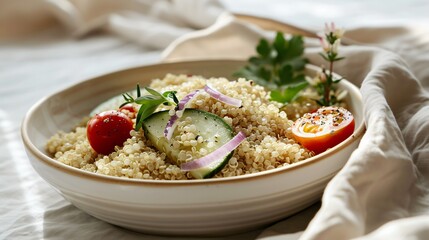 A light quinoa salad with cucumber, cherry tomatoes, red onion, and parsley, tossed in a lemon vinaigrette and served in a white bowl