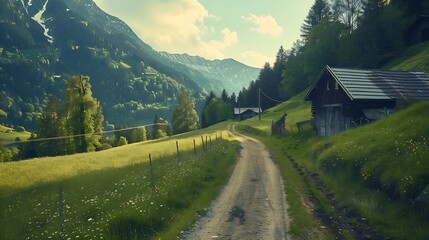 dirty road up over the green and flowered pastures from the great valley of Walser past alpine farmhouses alpine huts trees and forests up the steep mountain slopes to the mountain lak : Generative AI