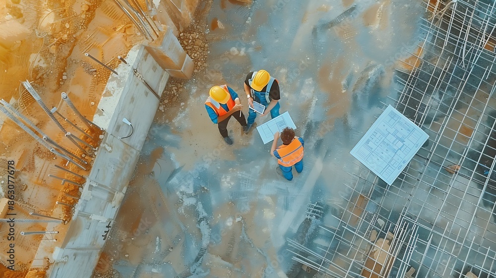 Aufkleber Top view Team engineer building inspection use tablet computer and blueprint working at construction site Civil Engineer Contractor and Architect discussing in construction site : Generative AI
