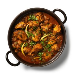 Fototapeta premium Spicy Andhra Chicken Curry in Black Pan with Garnish