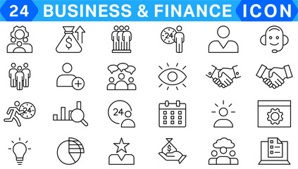 Fototapeta premium business teamwork finance icons, team building, work group and human resources. Outline icons collection. Line style - vector illustration