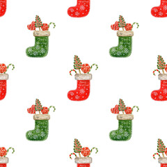 Watercolor seamless pattern socks and sweets Merry Christmas on a white background. New Year's illustration for design wallpaper, textiles, packaging, print, wrapping paper, cover, paper, scrapbooking