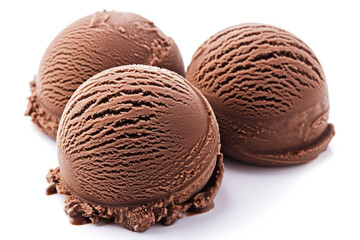 Obraz premium Three chocolate ice cream scoops isolated on white background. Summer delicious dessert, taste of happiness, ice cream business.
