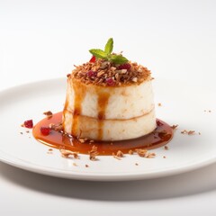 Chhena Poda Dessert with Caramel Sauce and Mint Garnish