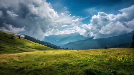 Obraz premium Nature Mountains and clouds in the valley Natural landscape high in the mountains Mountain field in the clouds Landscape in the summertime : Generative AI