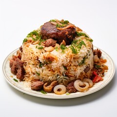 Fototapeta premium Traditional Jadoh Rice and Meat Dish from India on a Plate
