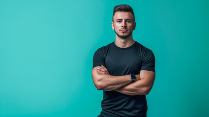 Fototapeta premium Portrait of a Fitness Professional in Black Tee on Teal Background Looking Off-Camera with copy space for text