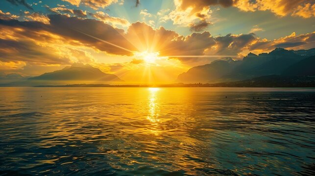 Bright sunset over lake Geneva Switzerland golden clouds reflect in the water : Generative AI