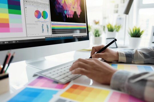 Side view of a graphic designer working in a modern open space office. Profession concept.	