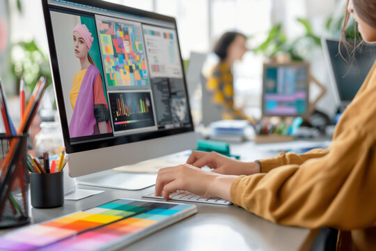 Side view of a graphic designer working in a modern open space office. Profession concept.	 - Powered by Adobe