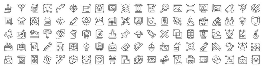 Art and Design people icons set. Inkpot, Highlighter, Color Scheme, Cloud Design, Architecture Work, Design Tools, Digital Art, Graphic File, Greeting Card vector.