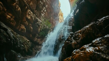 waterfall landscape in nature Spectacular nature view with the waterfall pouring through the huge rocks Waterfall view in red canyon Nature landscape in the mountain : Generative AI