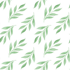 Watercolor green leaves on a white background. Seamless pattern, botanical illustration for wedding Invitation, greeting card, for fabric, textile, wallpaper, prints, scrap paper, notepad, cover