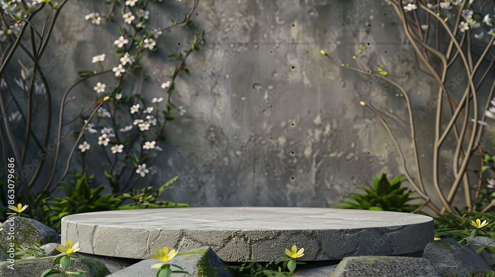 Poster Front view of the stone podium showcases products in a garden with flowers plants and branches Empty platform : Generative AI