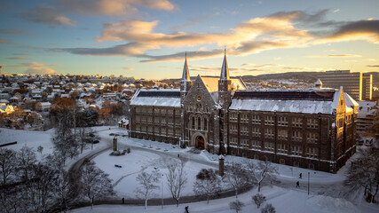 Beatiful aerial view of NTNU University of science and technology in Trondheim under snow, Norway.